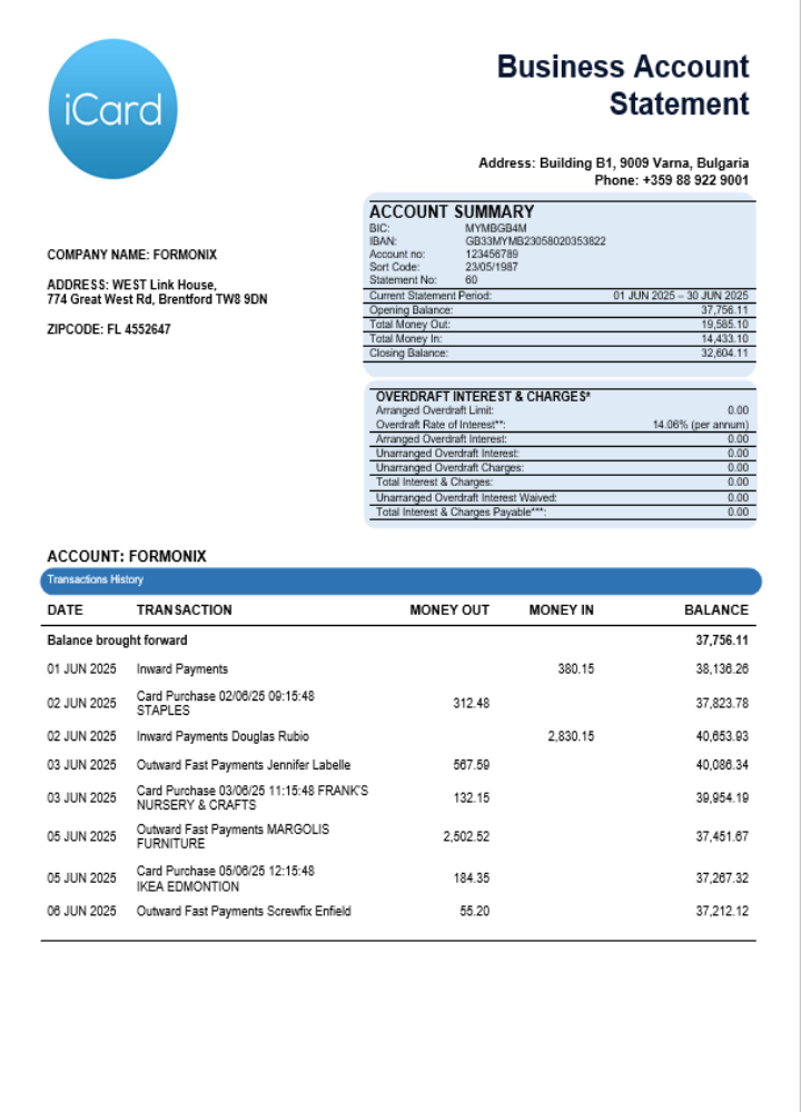 Relevé bancaire professionnel iCard au format Word et PDF